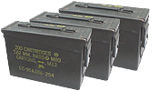 Ammunition Cans / Surplus Containers We carry a large variety of ammunition cans including 30 caliber cans, 50 caliber cans and 20mm cans. We also stock oversized medical transport containers.

effective 26 January 2013, we are sold out of the 50 cal ammo cans....try us later.... 